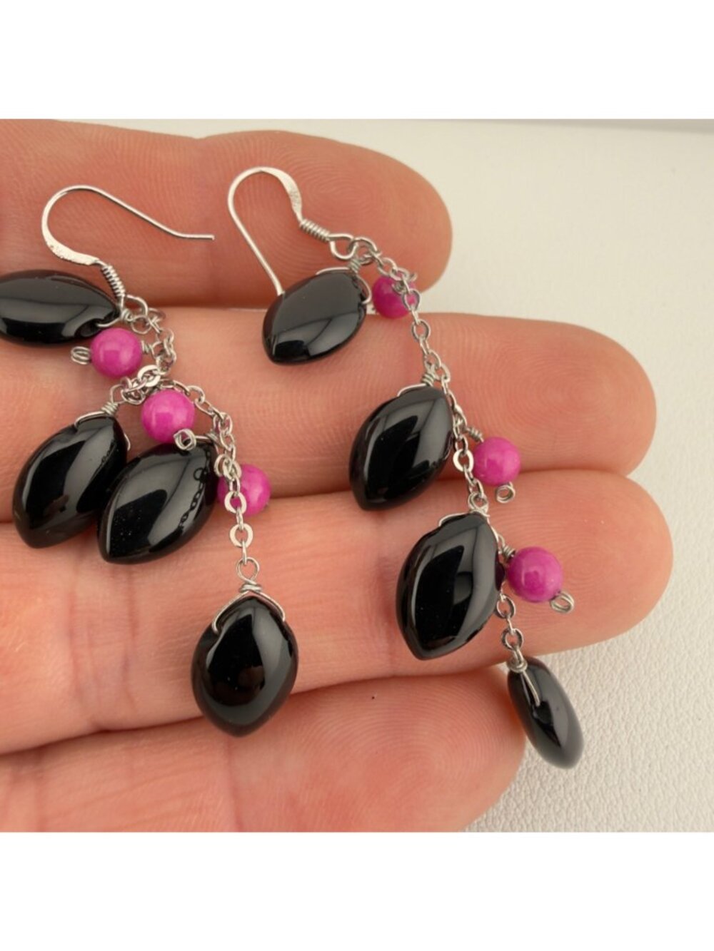 Sterling Silver Long Beaded Dangle Earrings Black Pink 2.5" - Picture 5 of 10